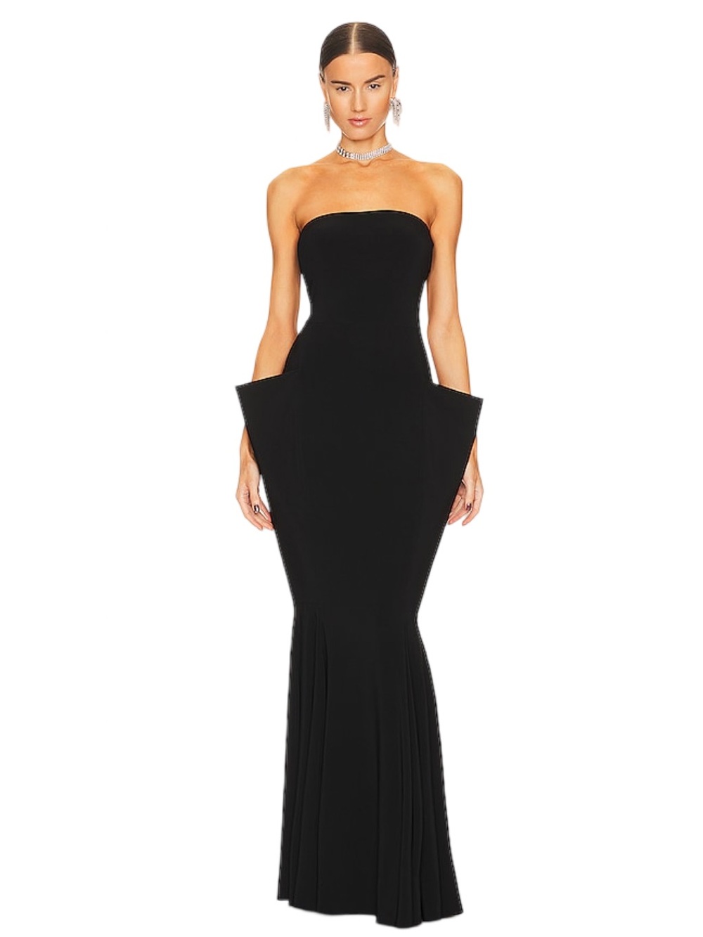 Norma Kamali Black Strapless Wing Fishtail Maxi Gown Sz XS Revolve NWT